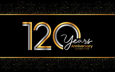 120th Anniversary Logotype. Golden Anniversary logo design in golden color for celebration event, invitation, greeting card, flyer, banner, poster, double line logo, vector illustration