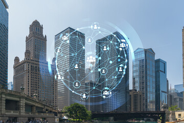 Panorama cityscape of Chicago downtown and Riverwalk, boardwalk with bridges at day time, Illinois, USA. Social media hologram. Concept of networking and establishing new people connections