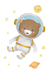 watercolor cute bear in an astronaut suit in space among the stars, children's illustration