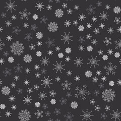 Falling snowflakes on a gray background. Seamless snowflake pattern. Designer texture of the winter season for prints. Painted snowflakes. Vector illustration.