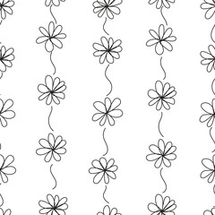 Vertical line, floral outline seamless pattern. Hand-drawn black and white background.  Vector illustration for festive design, packaging, wallpaper, fabric, textile, stationery, accessories.