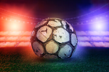 Soccer stadium with a foreground football ball.