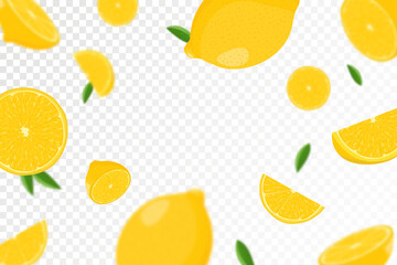 Lemon citrus background. Flying Lemon with green leaf on transparent background. Lemon falling from different angles. Focused and blurry objects. Flat cartoon vector.