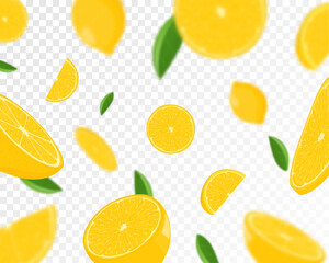 Lemon citrus background. Flying Lemon with green leaf on transparent background. Lemon falling from different angles. Focused and blurry objects. Flat cartoon vector.