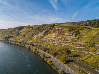 Aerial view Famous German Wine Region Moselle River Lay and Guels village Autumn Fall colors