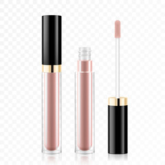 Obraz premium Lip gloss tube template. Lip cream plastic transparent 3d realistic vector packaging, opened and closed with black cap isolated on white background. Lipstick color swatch set.