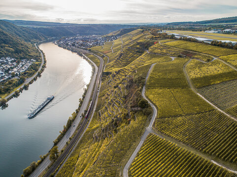 Aerial view Famous German Wine Region Moselle River Lay and Guels village Autumn Fall colors