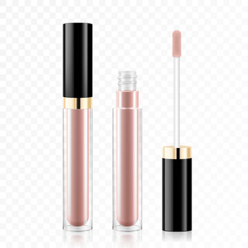 Lip gloss tube template. Lip cream plastic transparent 3d realistic vector packaging, opened and closed with black cap isolated on white background. Lipstick color swatch set.