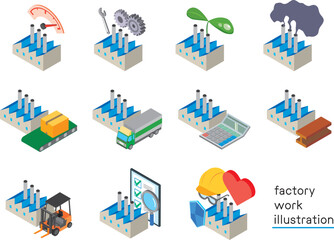 工場での仕事と活動のイラストセット
