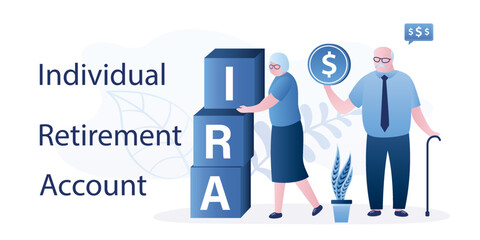 Elderly people make up the word - IRA from cubes, individual retirement account. Happy old couple with money. Financial freedom. Retirement savings, pension fund, passive income