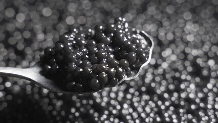 Black caviar in a spoon on a background of a rotating background - obrazy, fototapety, plakaty