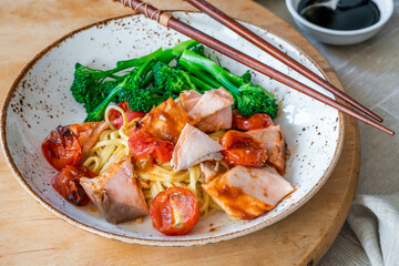 Hoisin salmon with broccoli and egg noodles