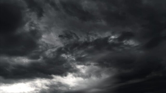 timelapse of dark dramatic sky with black stormy clouds before rain or snow as abstract background, wind and extreme weather
