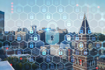 Seattle aerial skyline panorama of downtown at day time, Washington USA. The concept of cyber security to protect confidential information, padlock hologram
