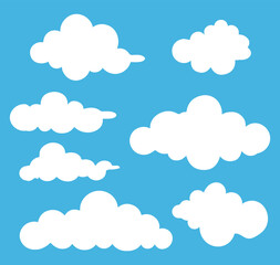 Cloud set. Abstract white cloudy set isolated on blue background. Vector illustration.