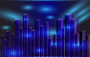 Technology building in the future. Urban vector cityscape at night. Skyline city silhouettes. City background with architecture, skyscrapers, megapolis, buildings, downtown. Futuristic night city.