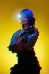 Girl with blaster in the futuristic battle. Image with glitch effect.