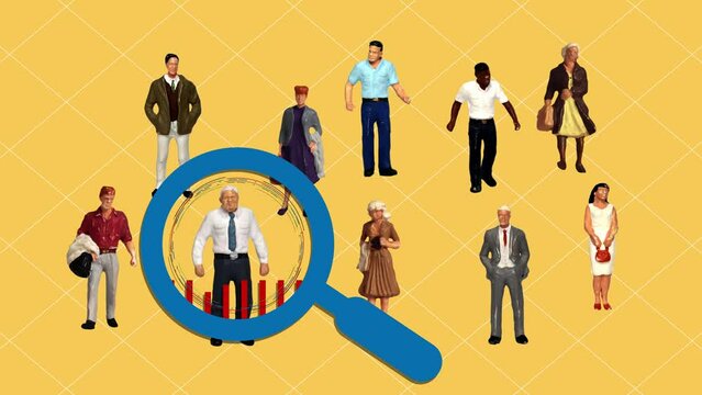 The concept of headhunting for human resource recruitment. Various miniature people and magnifying glass.
