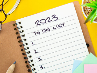 New Year Resolution Goal List 2023. Notebook written in handwriting To Do List.