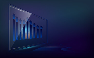 Naklejka premium Transparent screen with top arrows and bright colourful lights. Image reflected on purple and blue background. Business and finance concept