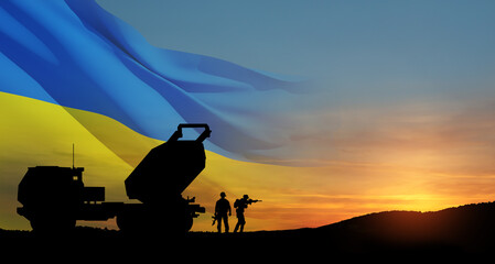 Artillery rocket system are aimed to the sky and soldiers at sunset with Ukrainian flag. Multiple launch rocket system. 3d-rendering.