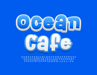 Vector playful Sign Ocean Cafe. Blue and White funny Font. Creative 3D Alphabet Letters, Numbers and Symbols set