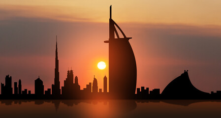 United Arab Emirates, Dubai skyline view at sunset. UAE celebration. National day, Flag day,...