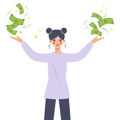 Happy young woman wins the jackpot, Dollar bills fall on the girl's hands. Lottery or casino winner, business success. Wealth and luck, wealthy female character holding banknotes. Isolated vector.