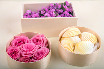 木の容器に入った花と貝殻