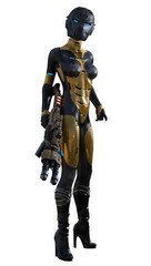 futuristic warrior woman with plasma rifle, 3d illustration