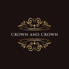 ornament gold crown vector logo template on black background
