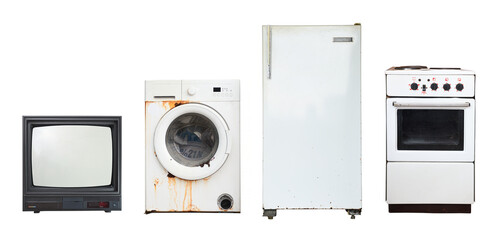 Old household appliances TV, washing machine, refrigerator, electric stove isolated on white...
