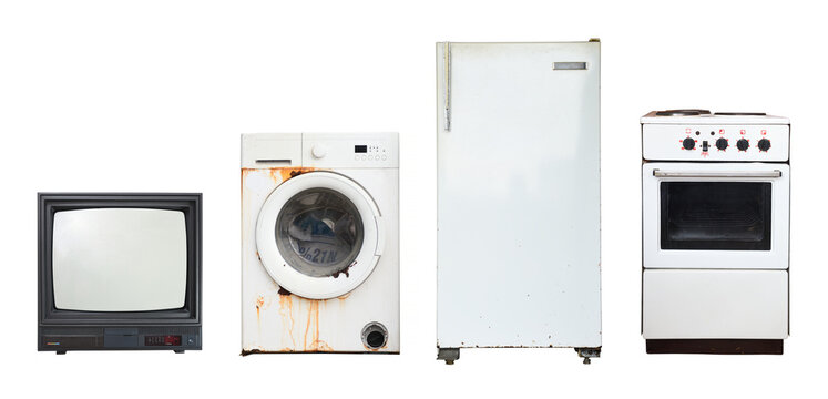 Old Household Appliances TV, Washing Machine, Refrigerator, Electric Stove Isolated On White Background.