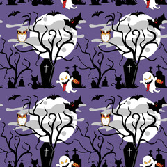 Seamless spooky Halloween vector pattern with haunted house in graveyard. Use as a background, wallpaper or print on a fabric. Convenient for any design surfaces.