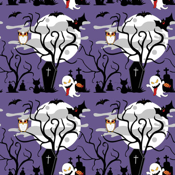 Seamless spooky Halloween vector pattern with haunted house in graveyard. Use as a background, wallpaper or print on a fabric. Convenient for any design surfaces.