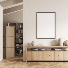 Fototapeta na wymiar Stylish living room interior with drawer and decoration, mockup frame