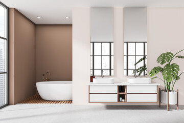 Fototapeta na wymiar Light bathroom interior with double sink and tub with panoramic window