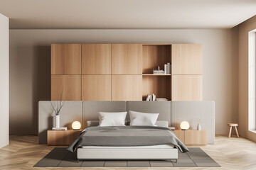 Fototapeta na wymiar Stylish bedroom interior with bed and shelf with decoration