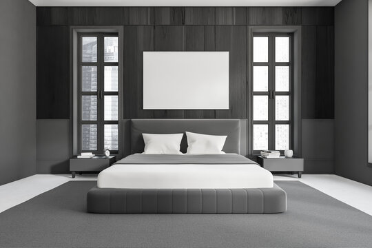 Grey bedroom interior with bed and decor, panoramic window. Mockup frame