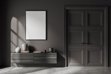 Grey living room room interior with dresser and door, mockup frame