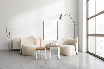 Stylish relaxing room interior with armchairs, drawer and window. Mockup frame