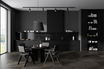 Grey kitchen interior with table and seats, shelf and panoramic window