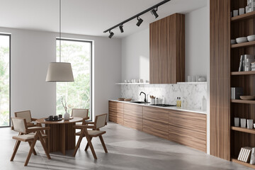 Light kitchen interior with table and chairs, shelf and panoramic window