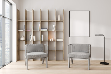 Light relax room interior with seats and shelf, panoramic window. Mockup frame