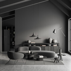 Grey relax room interior with couch and armchair, drawer with window