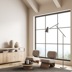 Light relaxing interior with two armchairs, dresser and panoramic window
