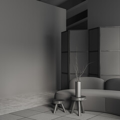 Grey chill room interior with sofa and partition, mockup empty wall