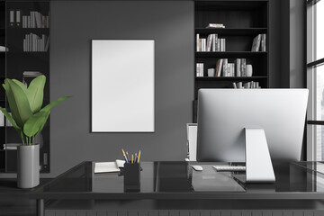 Grey office interior with work desk and cabinet near window. Mockup frame