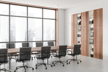 Stylish business room interior with board and armchairs, shelf and window