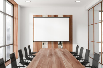 Business room with board and seats, panoramic window. Mockup projector screen